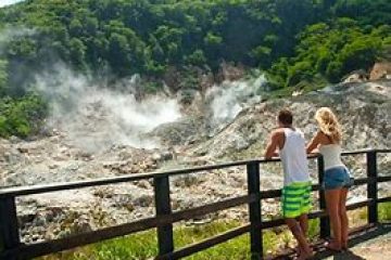 Two people admire steaming volcanic landscape from a wooden fence with trees in the background.
