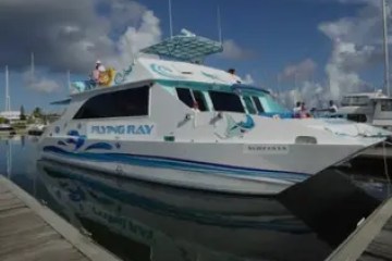 White and blue boat named Flying Ray docked at a marina.